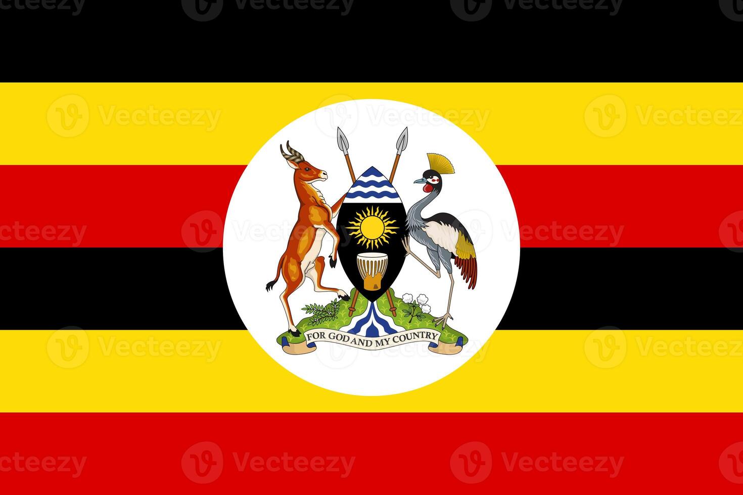 The official current flag and coat of arms of Republic of Uganda. State flag of Uganda. Illustration. photo