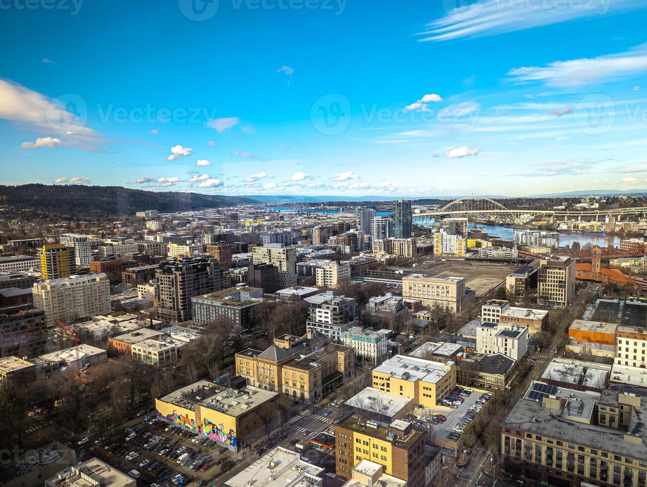 Views of Portland from a high point in the city. View from the window of the Portland City Grill seafood restaurant. photo