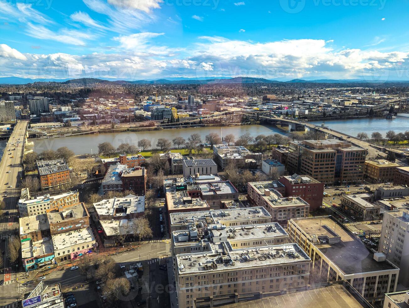 Views of Portland from a high point in the city. View from the window of the Portland City Grill seafood restaurant. photo