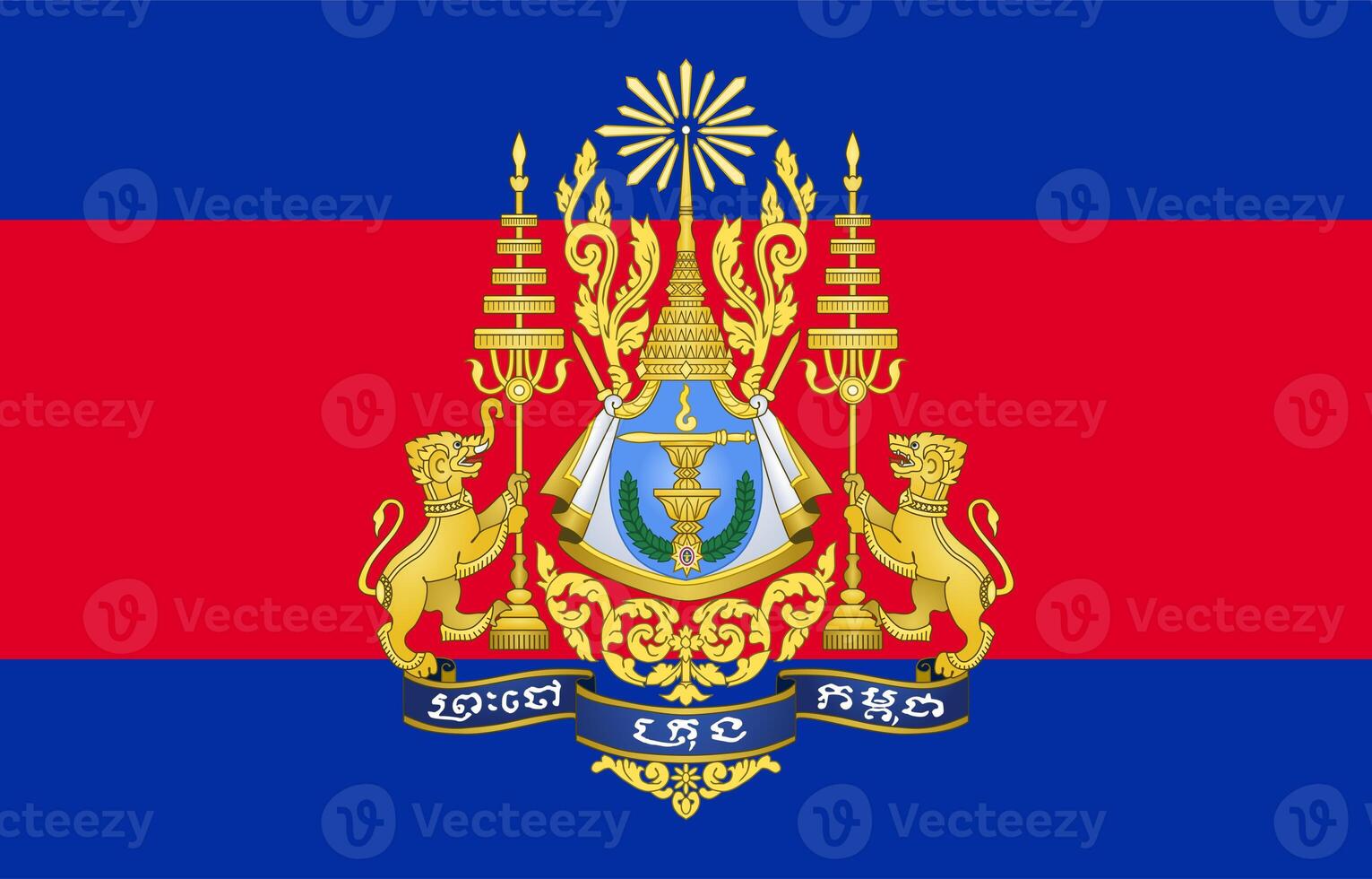 The official current flag and coat of arms of Kingdom of Cambodia . State flag of Cambodia texture. Illustration. photo