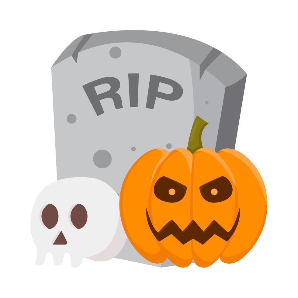 pumpkin halloween with skull in tombstone illustration vector