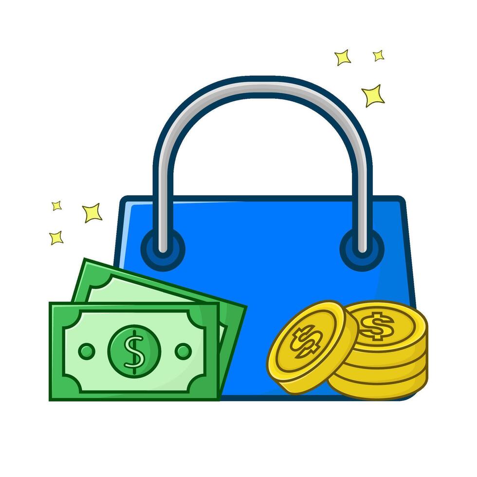 compras bolsa, dinero con dinero moneda ilustración vector