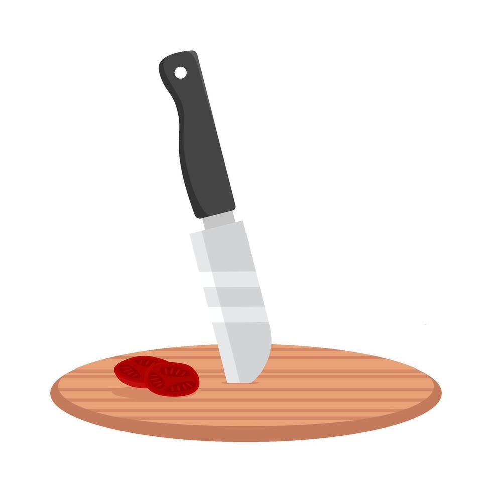 knife with tomato in cutting board illustration vector