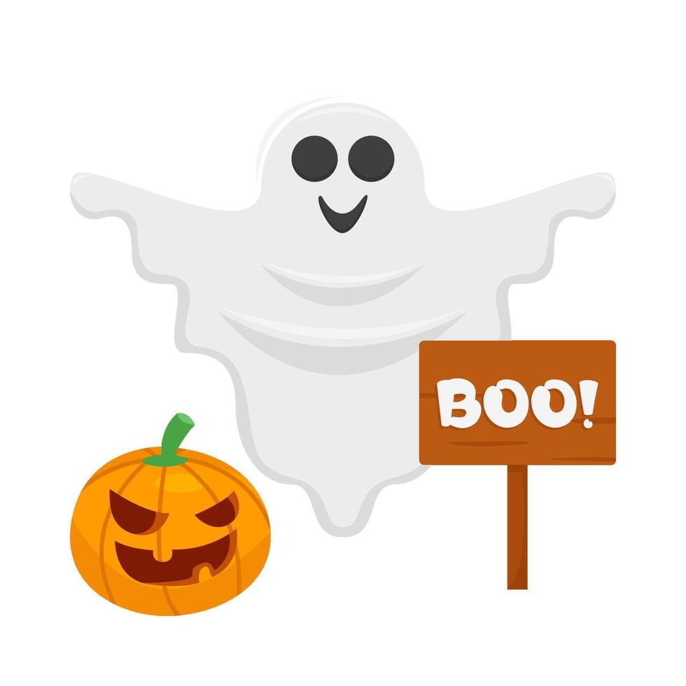 ghost fl, boo text in board with pumpkin halloween illustration vector