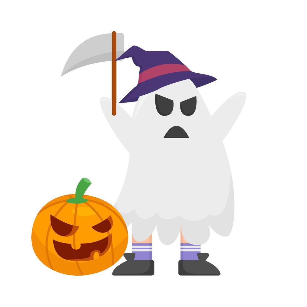 ghost witch costume, ax with pumpkin halloween illustration vector