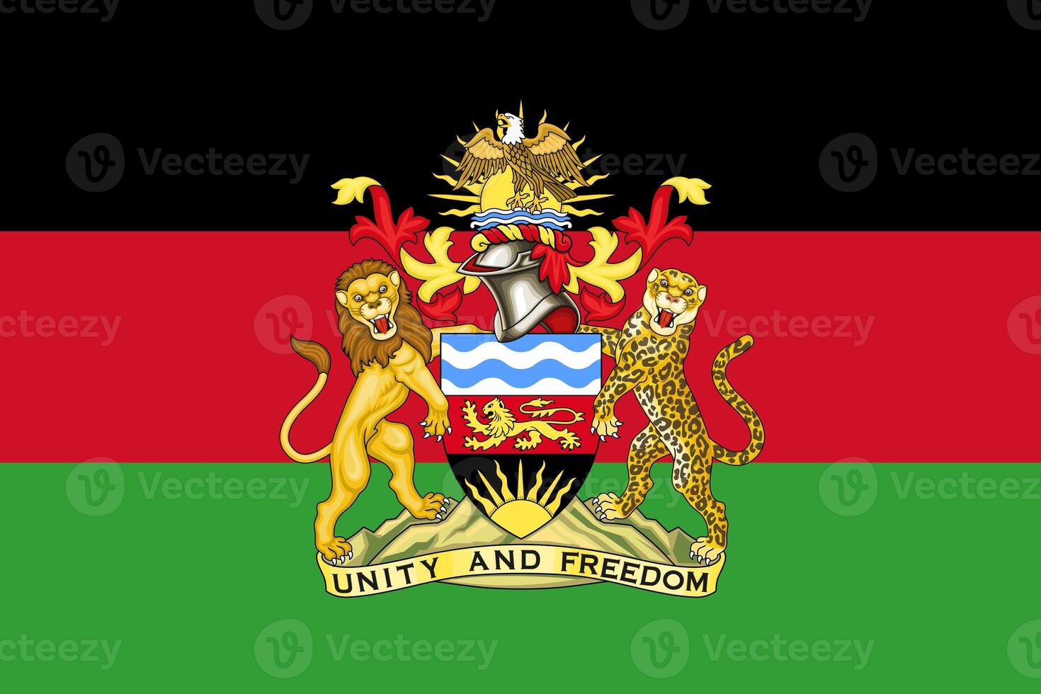 The official current flag and coat of arms of Republic of Malawi. State flag of Malawi texture. Illustration. photo
