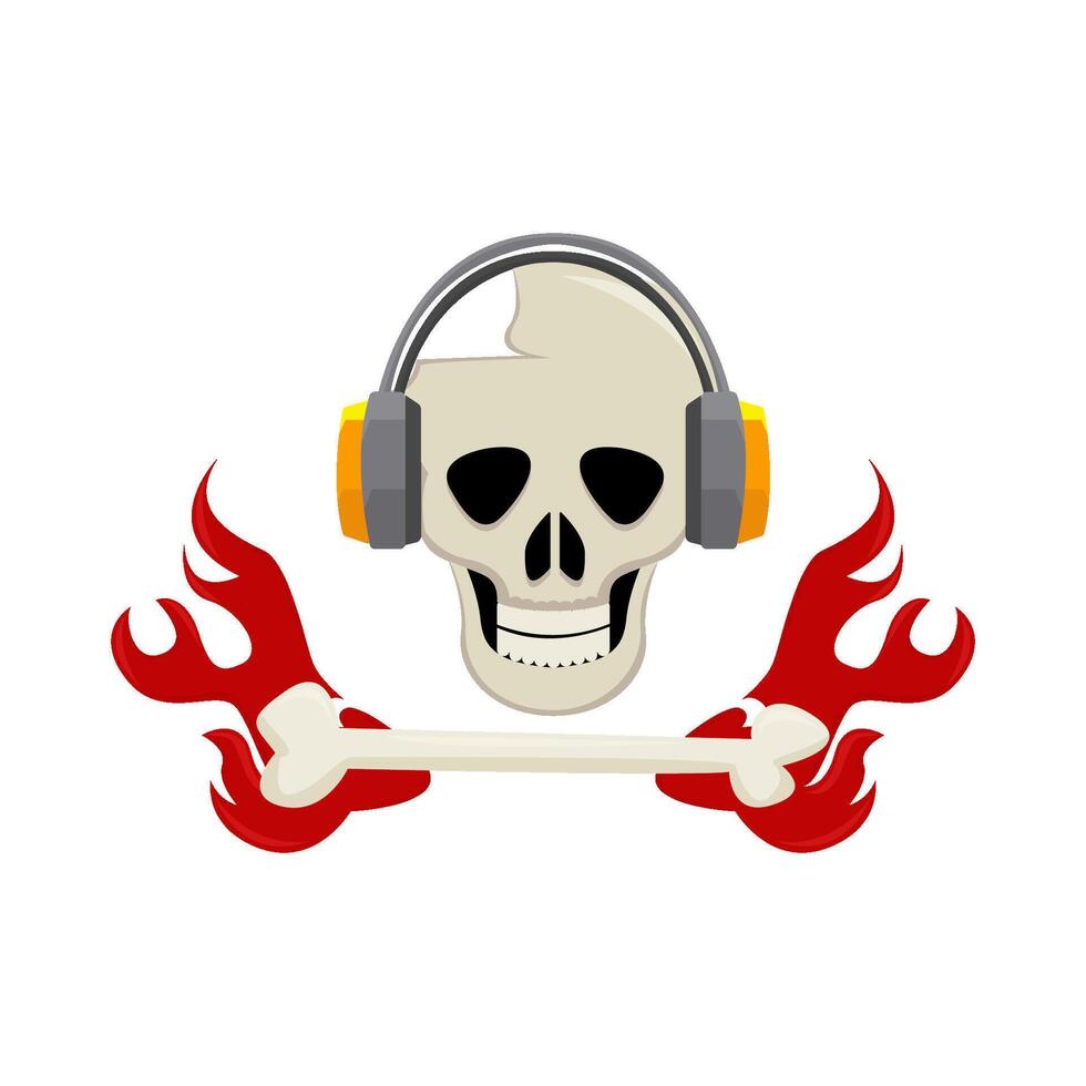 headphone in skull, bone with fire illustration vector