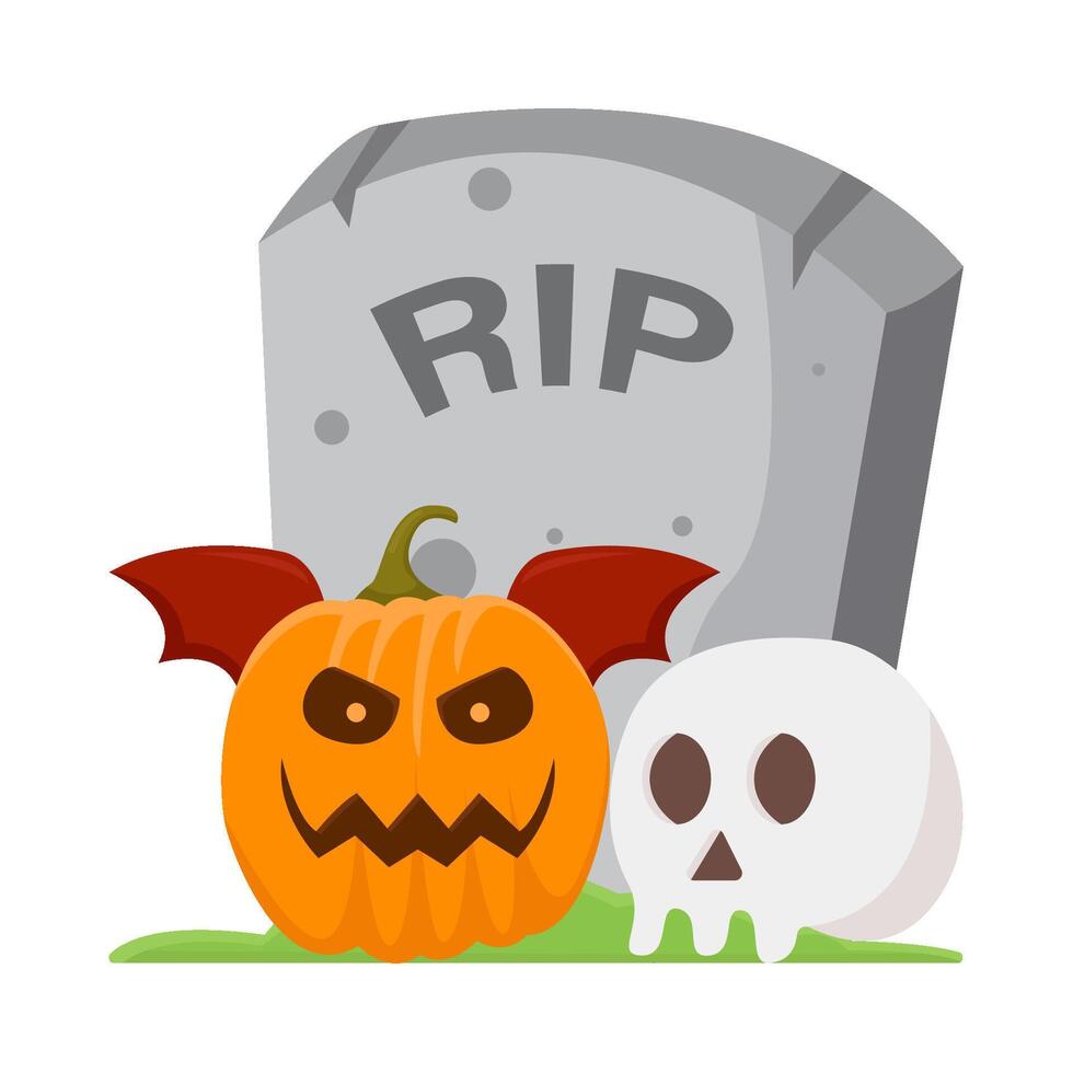 pumpkin halloween bat with skull in tombstone illustration vector
