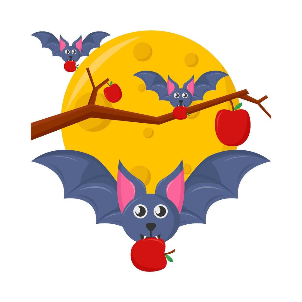 bat in apple tree with full moon illustration vector