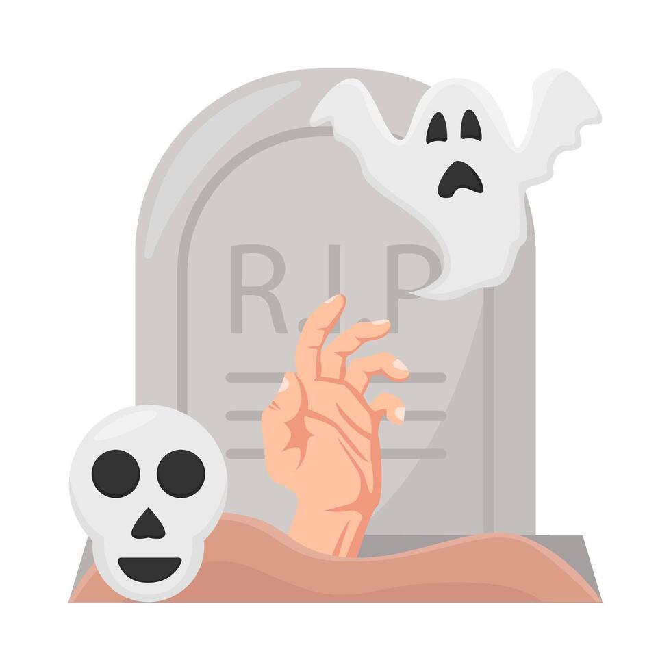 skull, ghost with hand in tombstone illustration vector