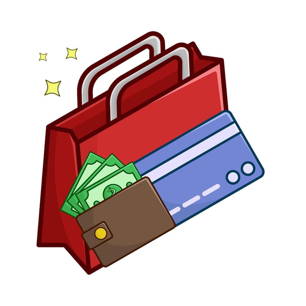 shopping bag, debit card with money in wallet illustration vector