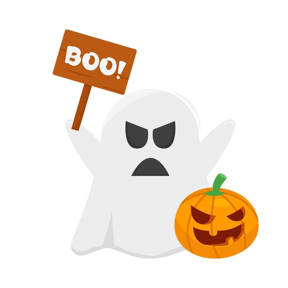 ghost fl, boo text in board with pumpkin halloween illustration vector