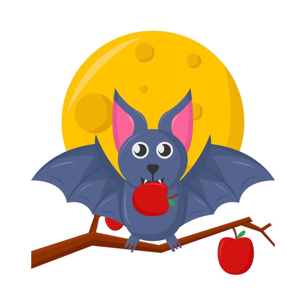 bat in apple tree with full moon illustration vector