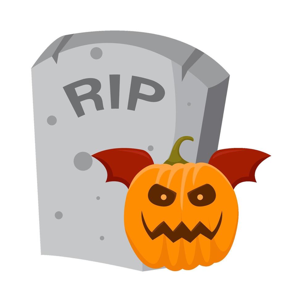 pumpkin halloween bat in tombstone illustration vector