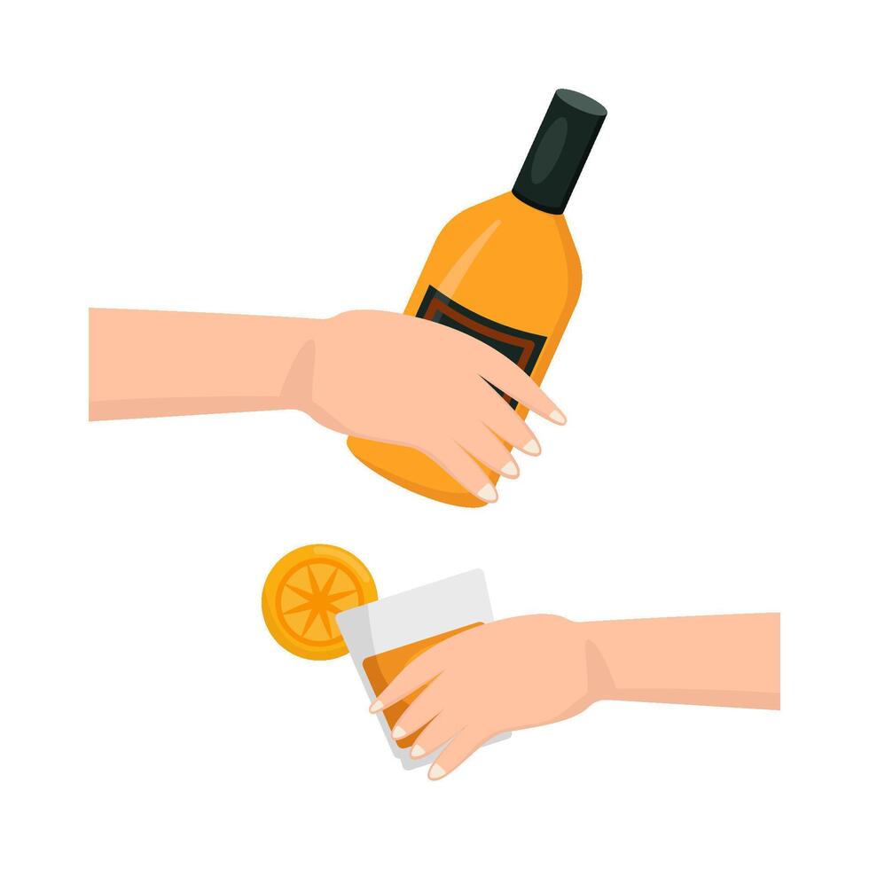 bottle alcohol with glass alcohol drink in hand illustration vector