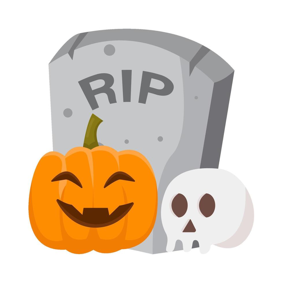 pumpkin halloween with skull in tombstone illustration vector