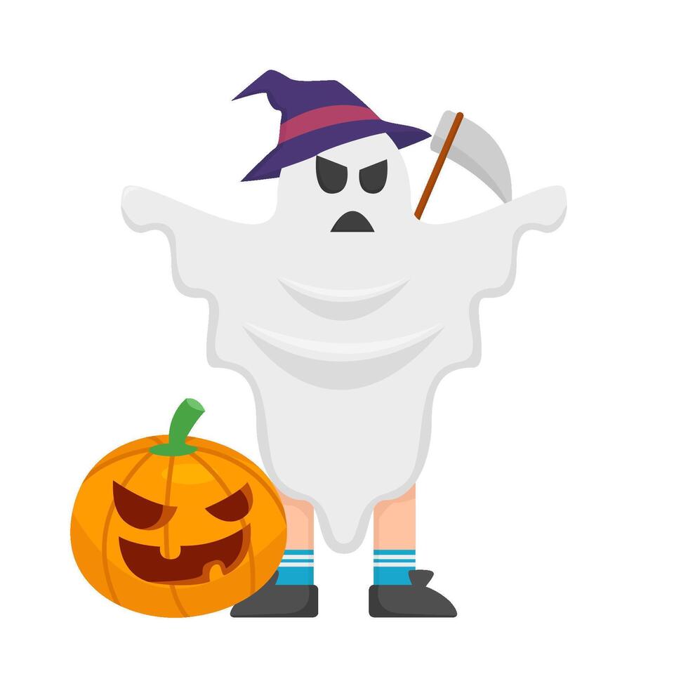 fantasma bruja traje, hacha con calabaza Víspera de Todos los Santos ilustración vector