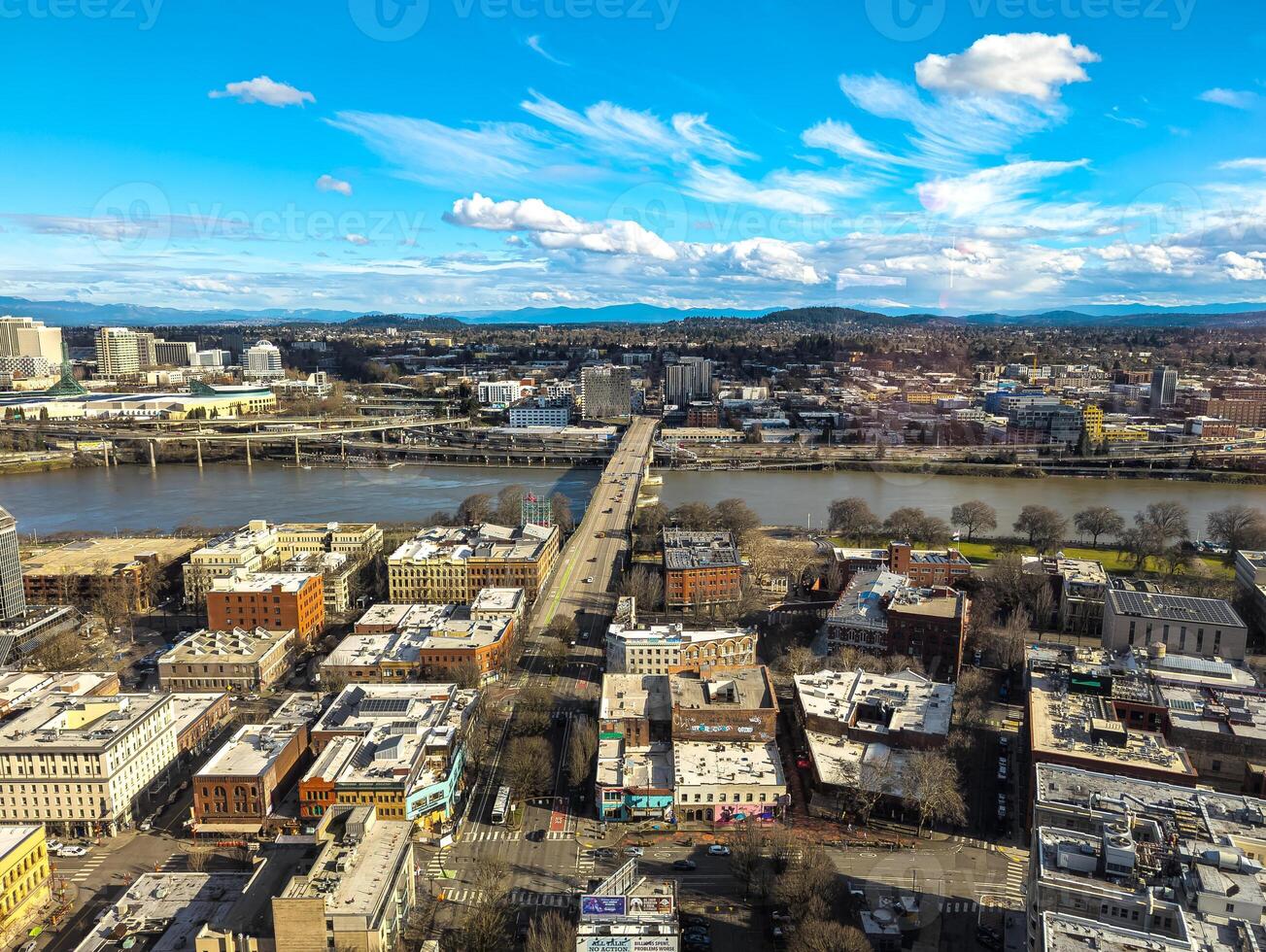 Views of Portland from a high point in the city. View from the window of the Portland City Grill seafood restaurant. photo