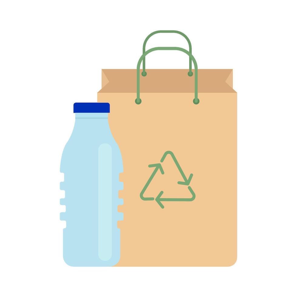 bolsa de papel reciclaje con botella el plastico ilustración vector