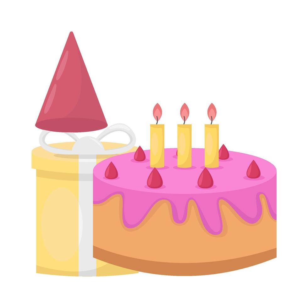 birthday cake, hat birthday  with gift box illustration vector