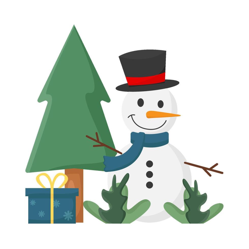 muñeco de nieve, regalo caja con árbol abeto ilustración vector