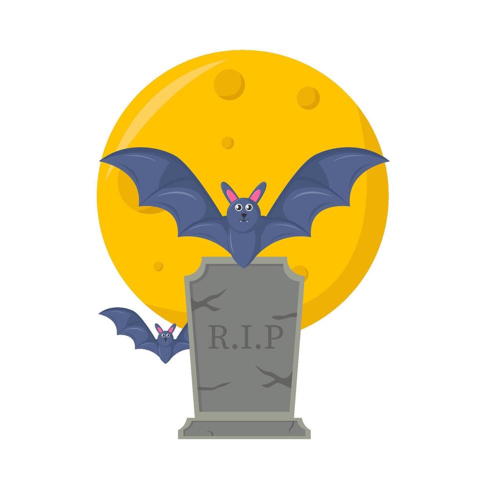 bat, tombstone with  full moon illustration vector