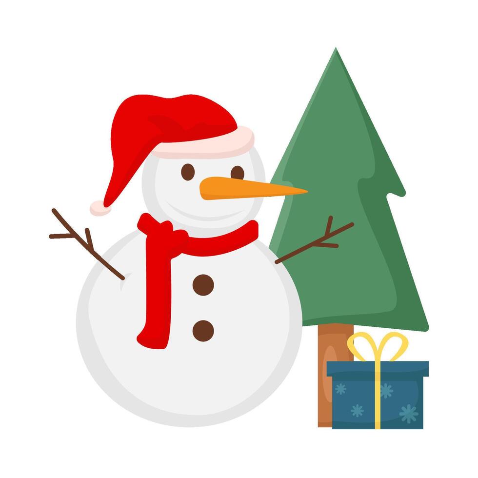 muñeco de nieve, regalo caja con árbol abeto ilustración vector