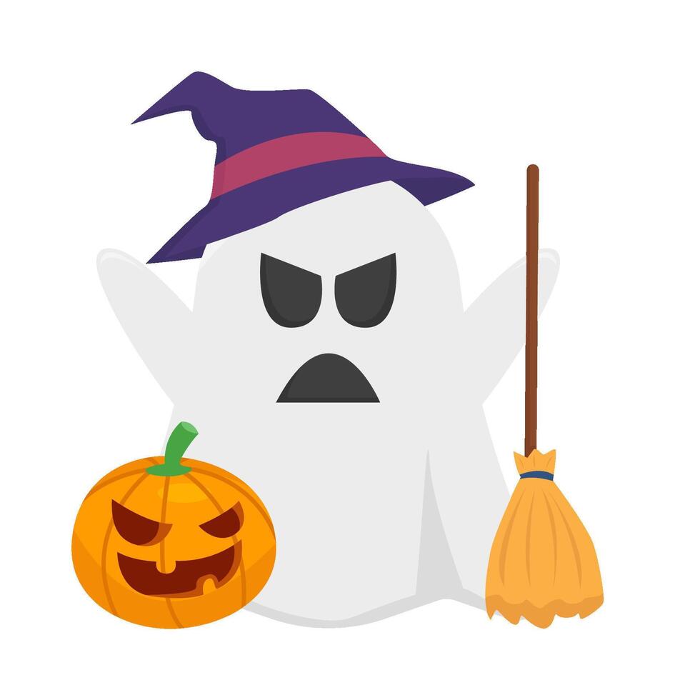 fantasma bruja, Escoba con calabaza Víspera de Todos los Santos ilustración vector