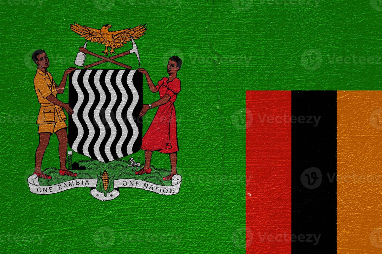 Flag and coat of arms of Republic of Zambia on a textured background. Concept collage. photo