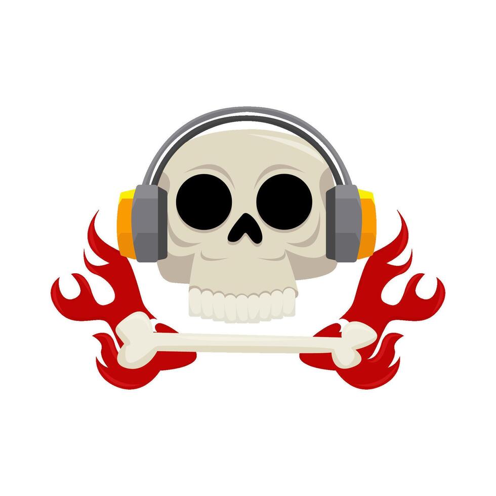 headphone in skull, bone with fire illustration vector