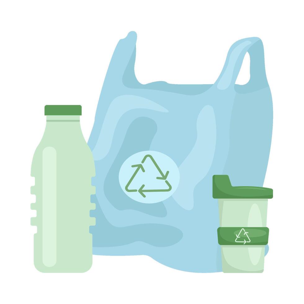 plastic bag, cup plastic with bottle plastic illustration vector