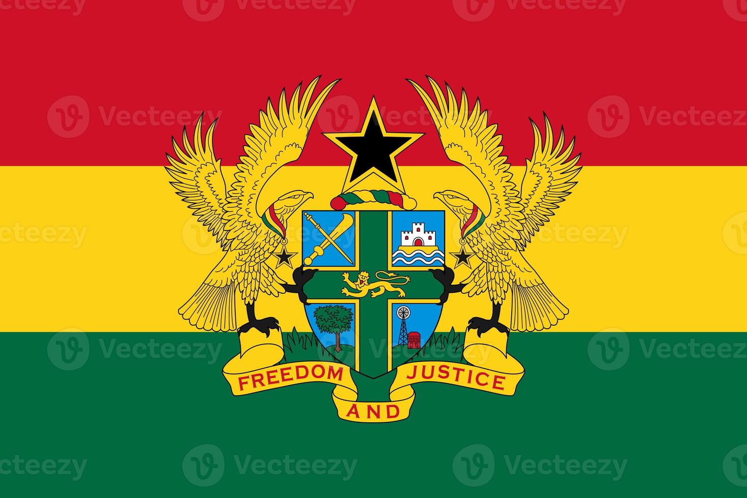 The official current flag and coat of arms of Republic of Ghana. State flag of Ghana texture. Illustration. photo