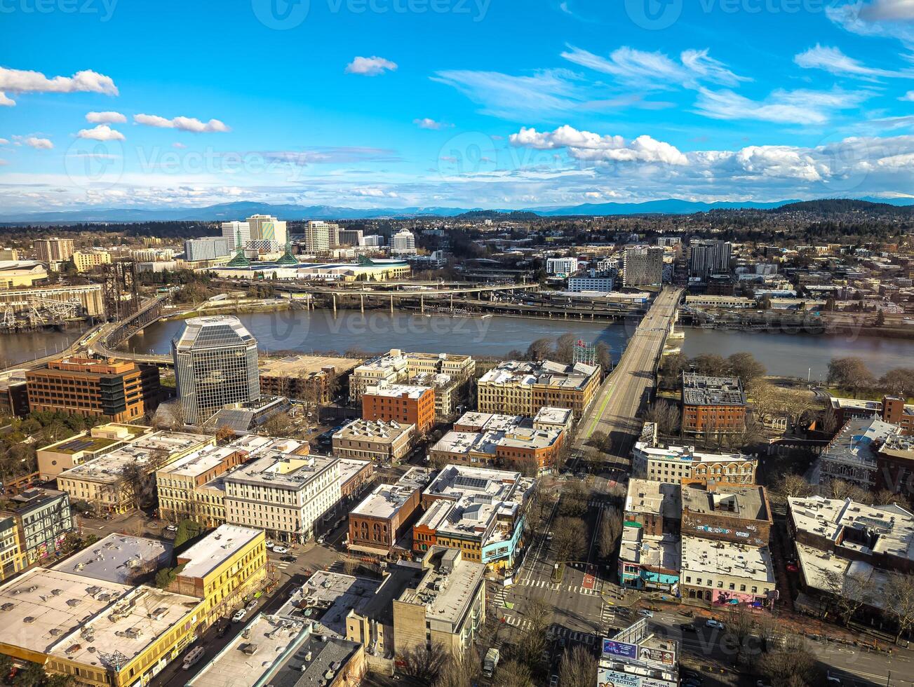 Views of Portland from a high point in the city. View from the window of the Portland City Grill seafood restaurant. photo