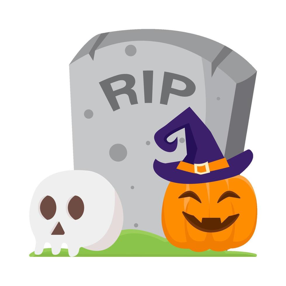 pumpkin halloween witch with skull in tombstone illustration vector