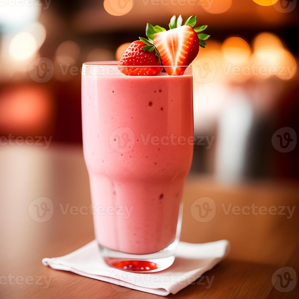 AI generated Healthy strawberry smoothie in a transparent glass with strawberries. Generative AI. photo