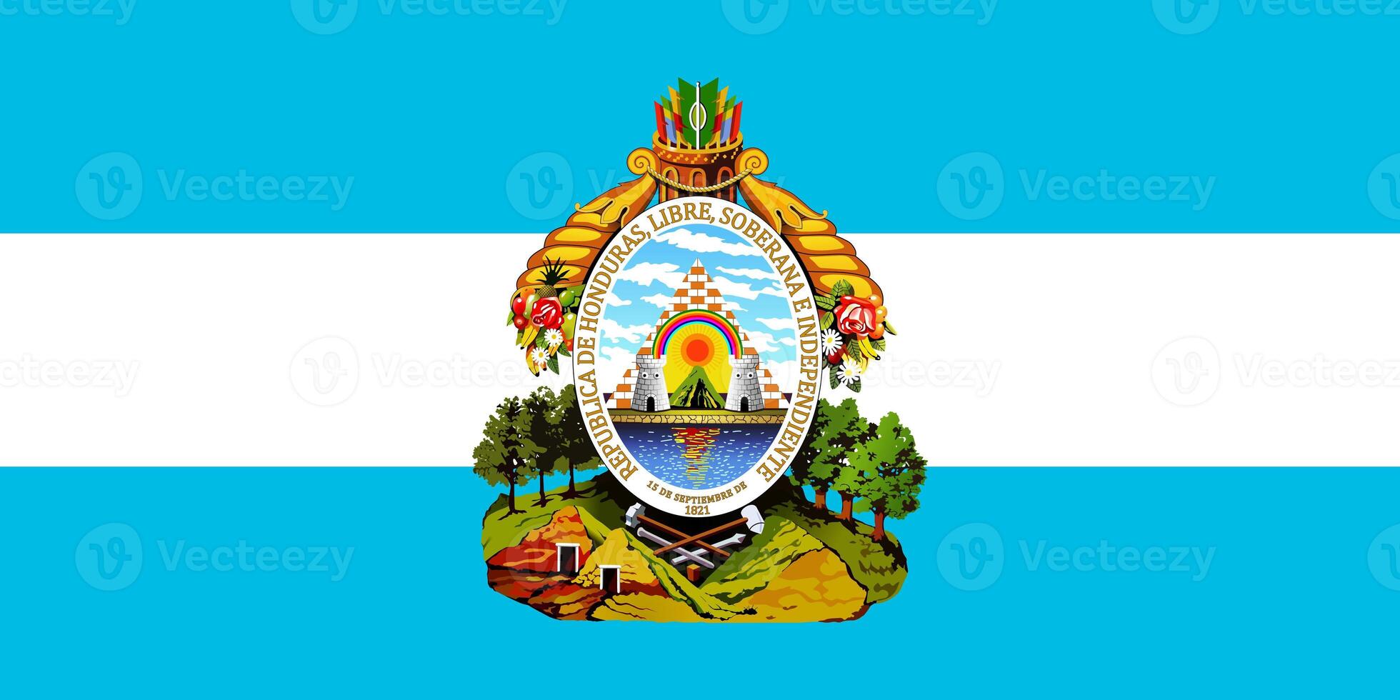 The official current flag and coat of arms of Republic of Honduras. State flag of Honduras texture. Illustration. photo