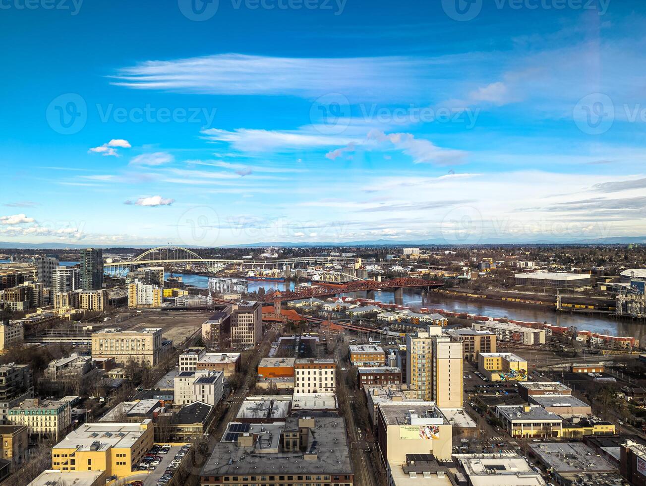 Views of Portland from a high point in the city. View from the window of the Portland City Grill seafood restaurant. photo