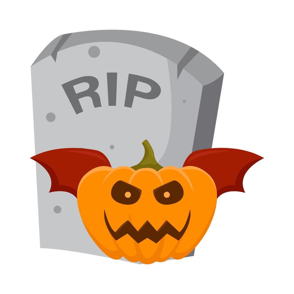 pumpkin halloween bat with tombstone illustration vector