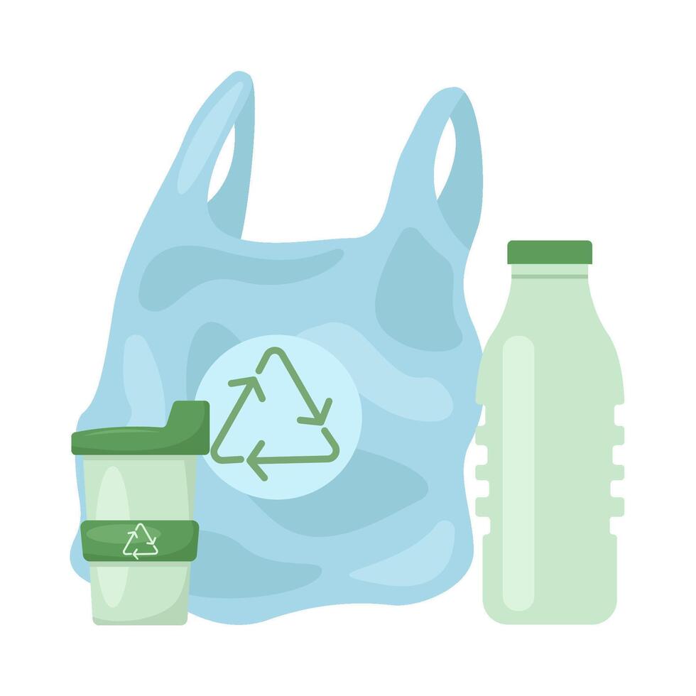 plastic bag, cup plastic with bottle plastic illustration vector