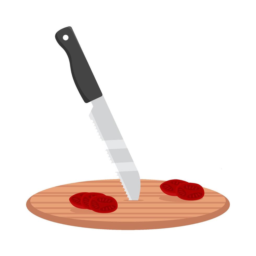 knife with tomato in cutting board illustration vector