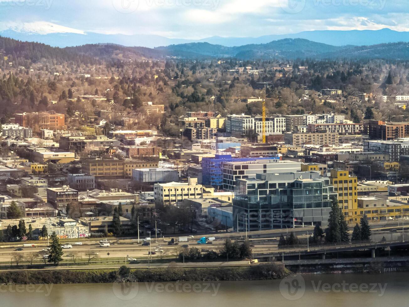 Views of Portland from a high point in the city. View from the window of the Portland City Grill seafood restaurant. photo