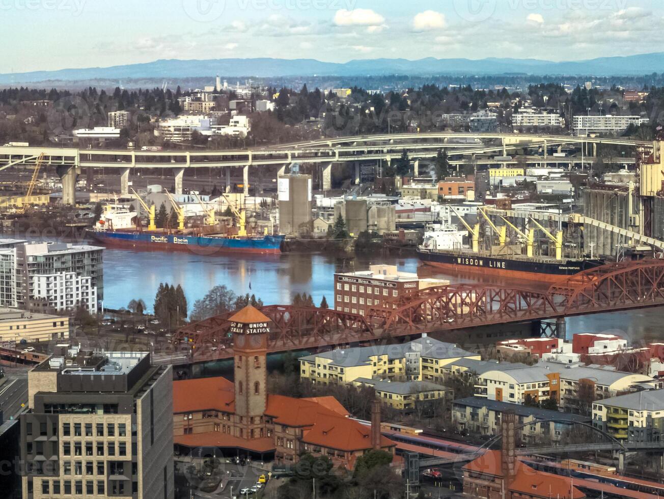 Views of Portland from a high point in the city. View from the window of the Portland City Grill seafood restaurant. photo