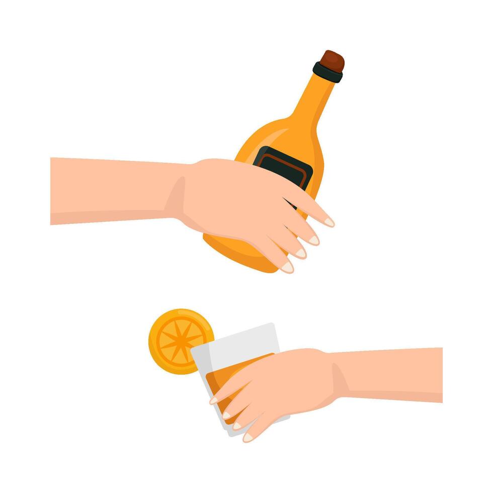 bottle alcohol with glass alcohol drink in hand illustration vector