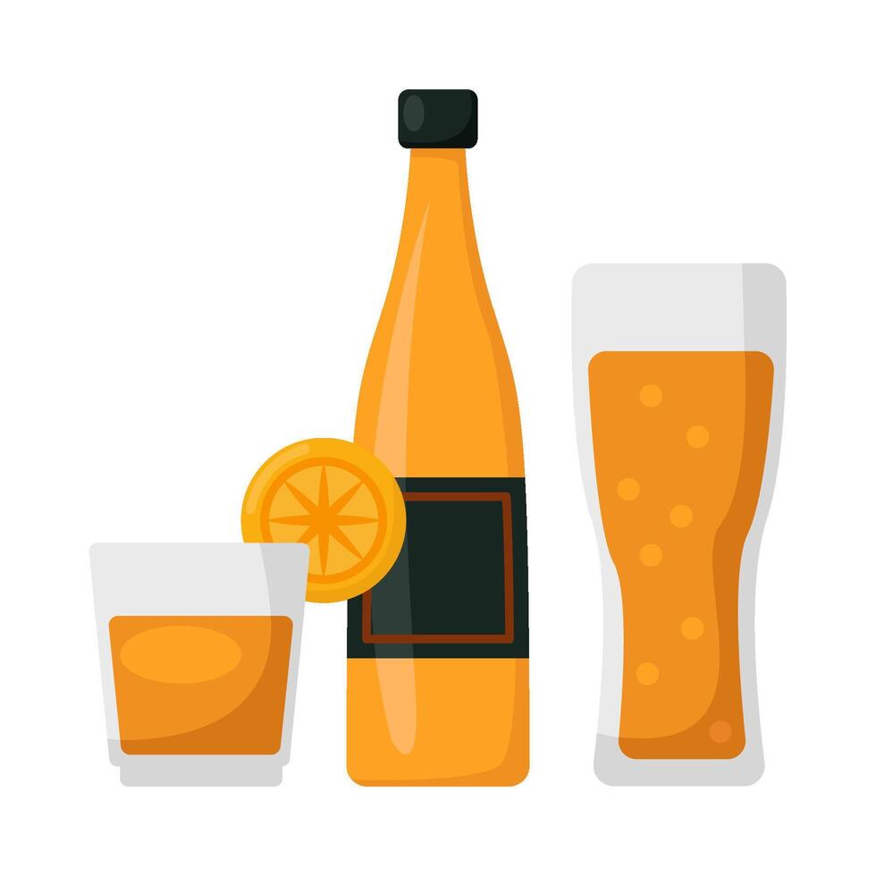 bottle alcohol with glass alcohol drink illustration vector