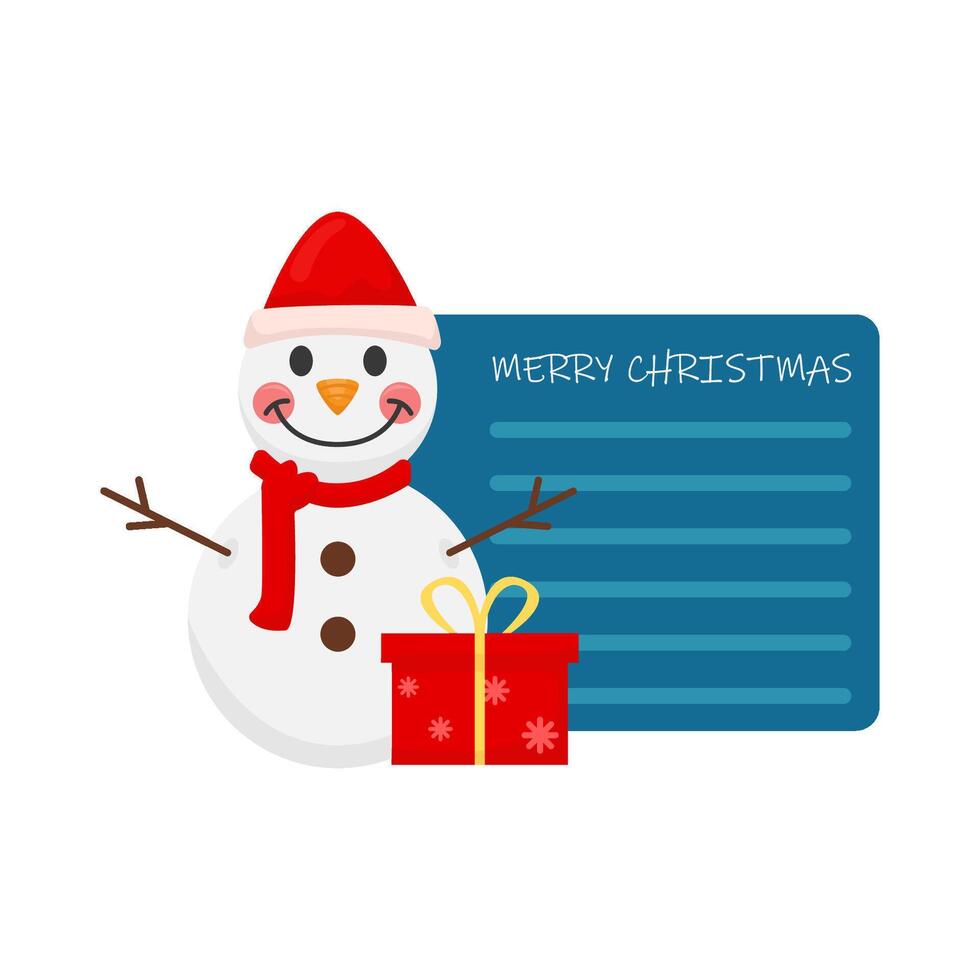 muñeco de nieve, regalo caja con saludo tarjeta alegre Navidad ilustración vector