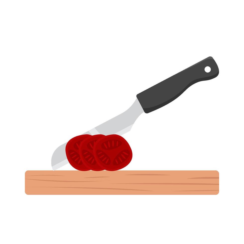 knife with tomato in cutting board illustration vector