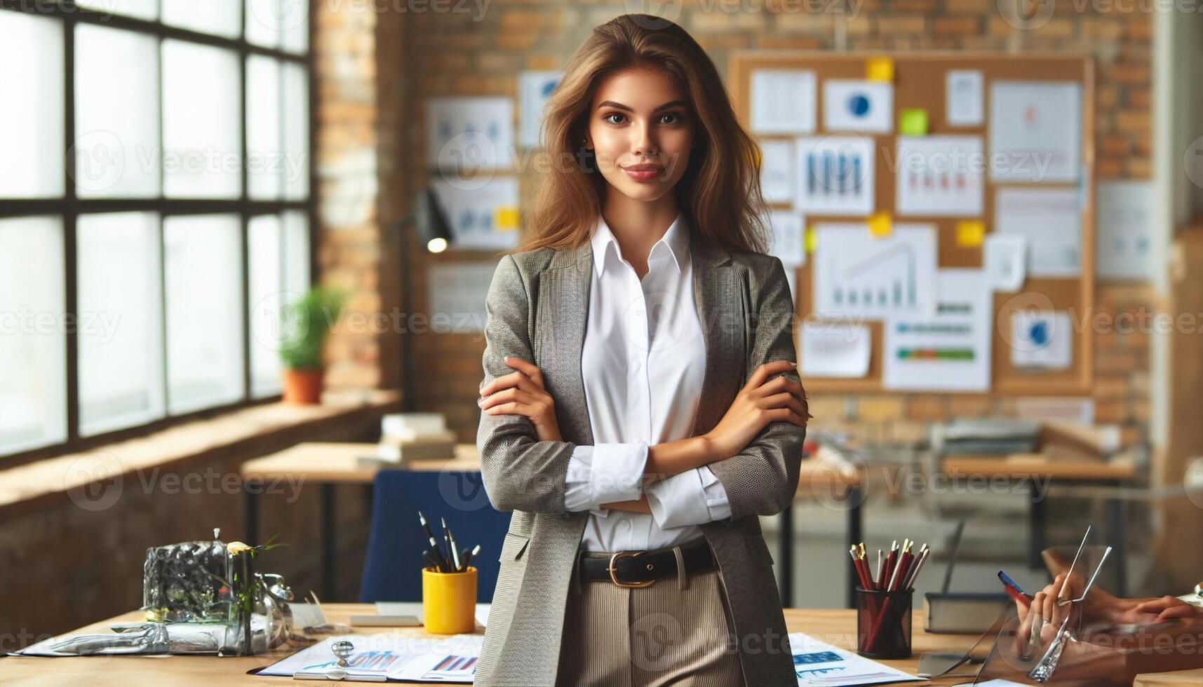 AI generated Woman standing looking at camera wearing fashionable work clothes in conference room in office photo