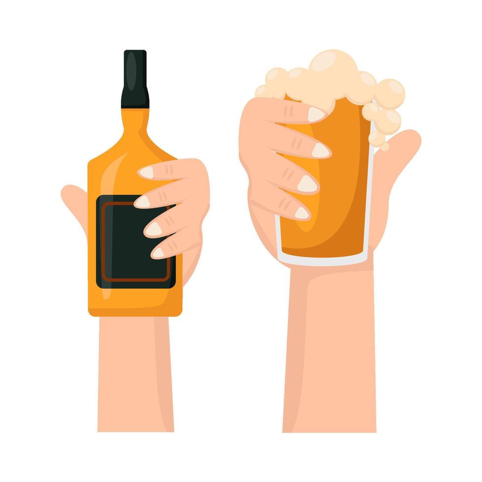 bottle alcohol with glass alcohol drink in hand illustration vector