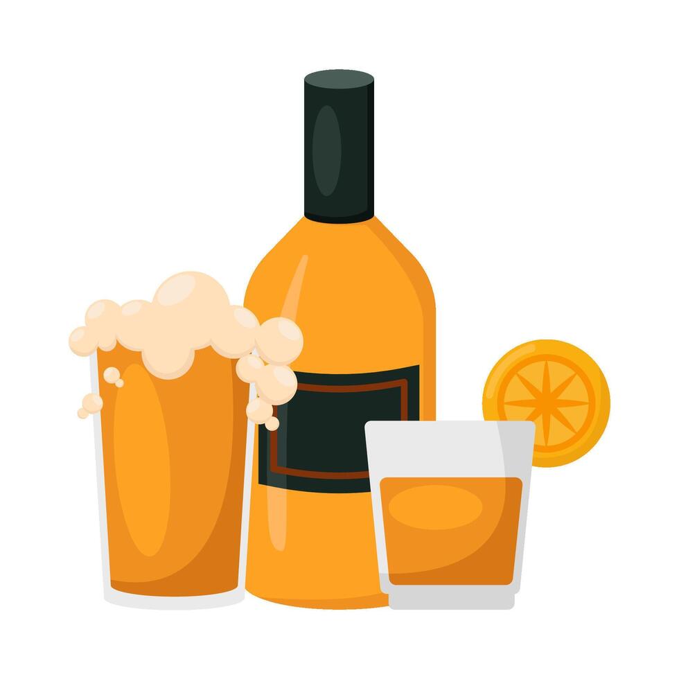 bottle alcohol with glass alcohol drink illustration vector