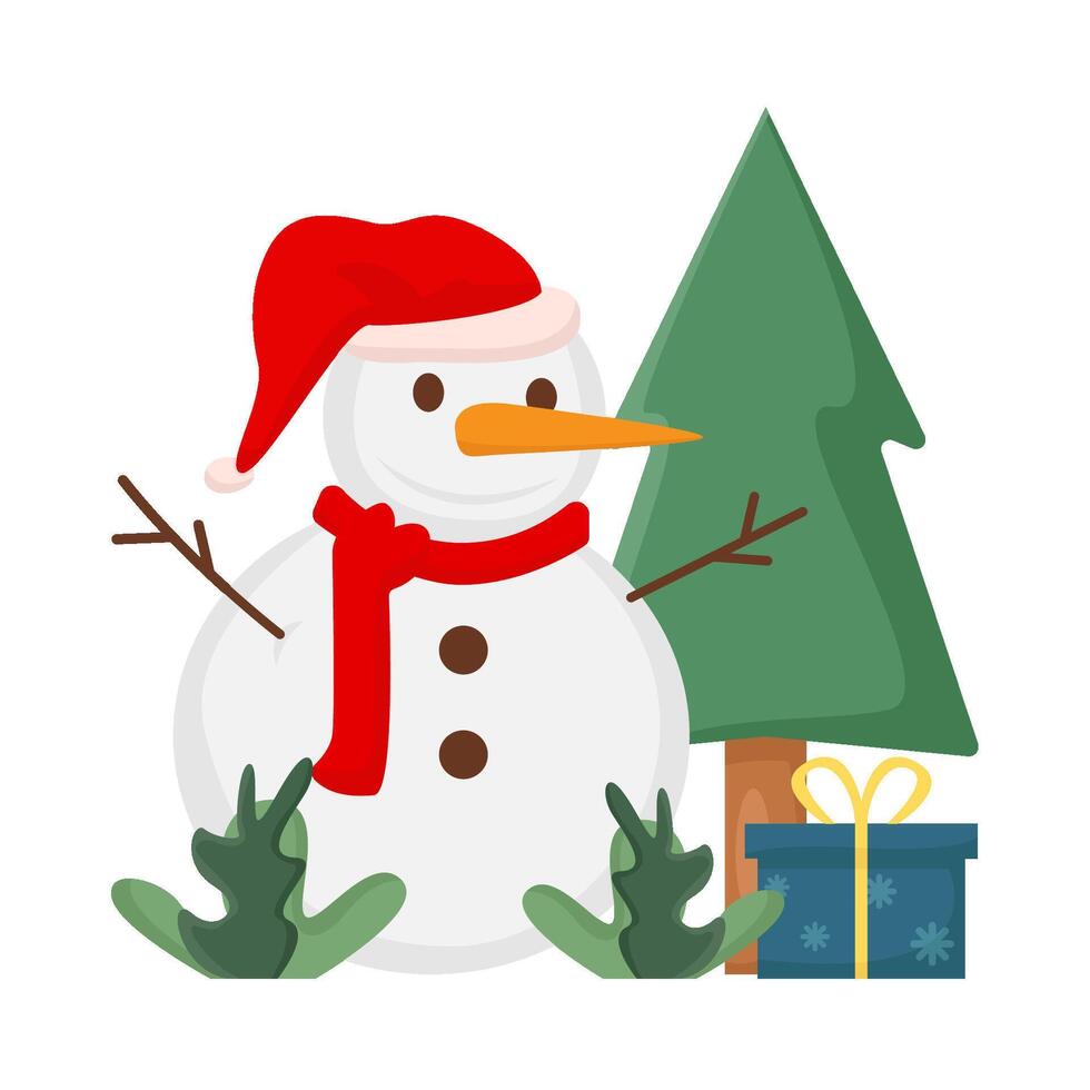 snowman, gift box with tree spruce illustration vector